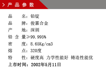品 名：鉛錠 品 牌：俊霖合金 產(chǎn) 地：深圳 鉛 含 量≥99.995% 密 度：8.65Kg/cm3 熔 點：320度特 性：硬度高 力學(xué)性能好 鑄造性能優(yōu)上市時間：2002年5月11日