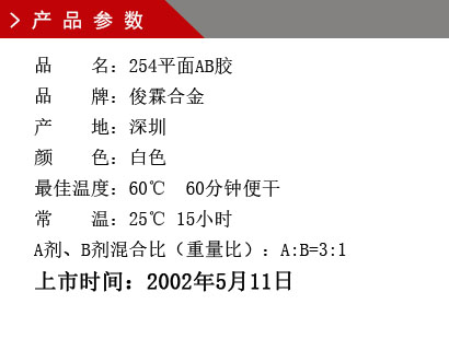 品 名：254平面AB膠 品 牌：俊霖合金 產(chǎn) 地：深圳 顏 色：白色 最佳溫度：60℃ 60分鐘便干 常 溫：25℃ 15小時(shí) A劑、B劑混合比（重量比）：A:B=3:1上市時(shí)間：2002年5月11日