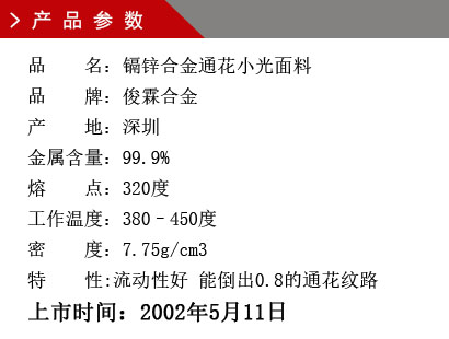 品 名:鎘鋅合金通花小光面料 品 牌:俊霖合金 產(chǎn) 地:深圳 金屬含量:99.9% 熔 點:280度 密 度:7.23g/cm3特 性:能倒出0.8的通花紋路上市時間:2002年5月11日 品 名:鎘鋅合金通花小光面料 品 牌:俊霖合金 產(chǎn) 地:深圳 金屬含量:99.9% 熔 點:280度 密 度:7.23g/cm3特 性:能倒出0.8的通花紋路上市時間:2002年5月11日